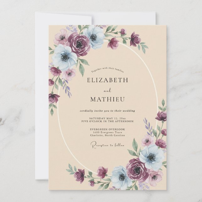 Convite Ametista Aço Ranunculus Eucalipto Casamento (Frente)