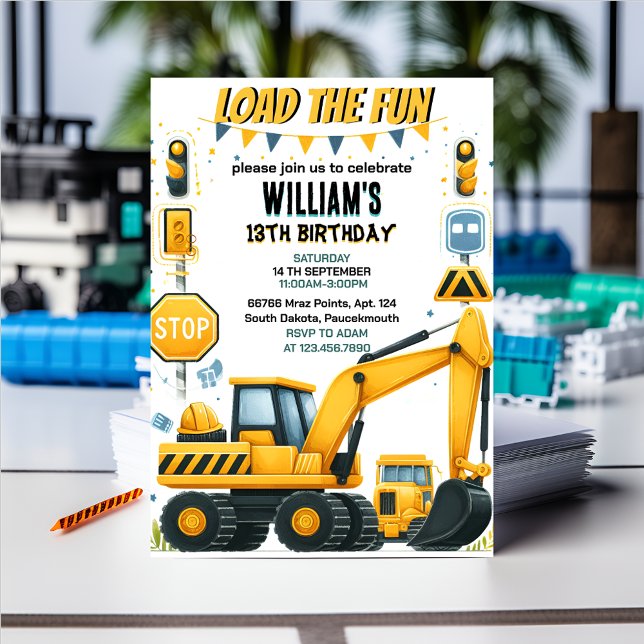 Convite amigo rapaz Caminhões simples de construção 5 aniv (Criador carregado)
