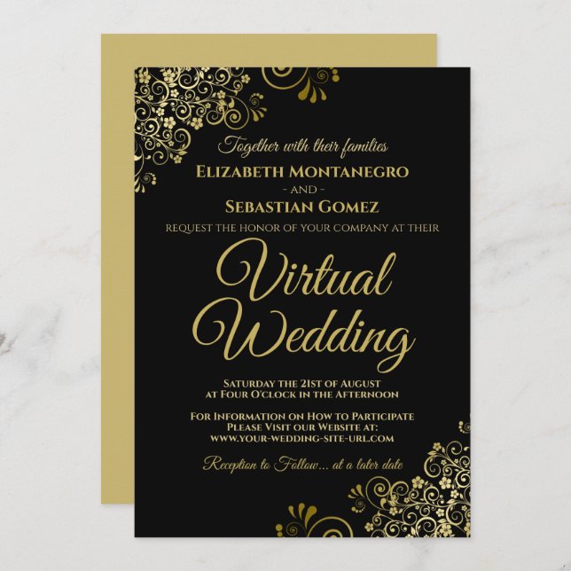 Convite Amigos Dourados em Casamento Virtual Elegante Negr (Frente/Verso)
