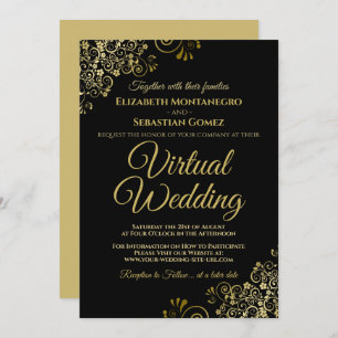 Convite Amigos Dourados em Casamento Virtual Elegante Negr