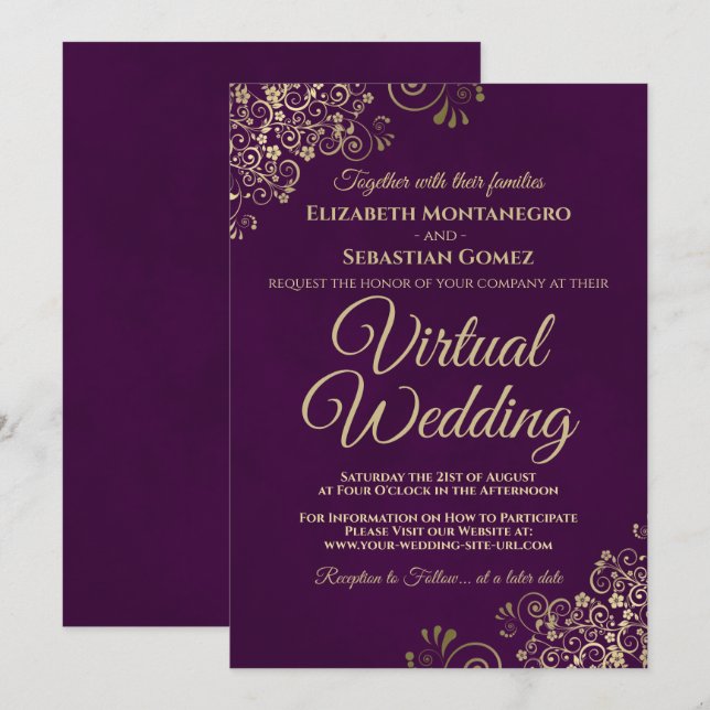 Convite Amigos Dourados em Casamento Virtual Elegante Roxo (Frente/Verso)