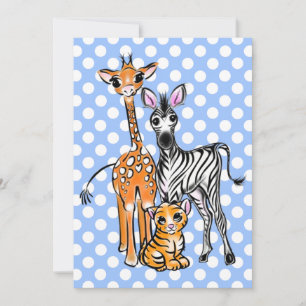 Convite Amigos Safari, girafa, zebra, tigre, polca azul