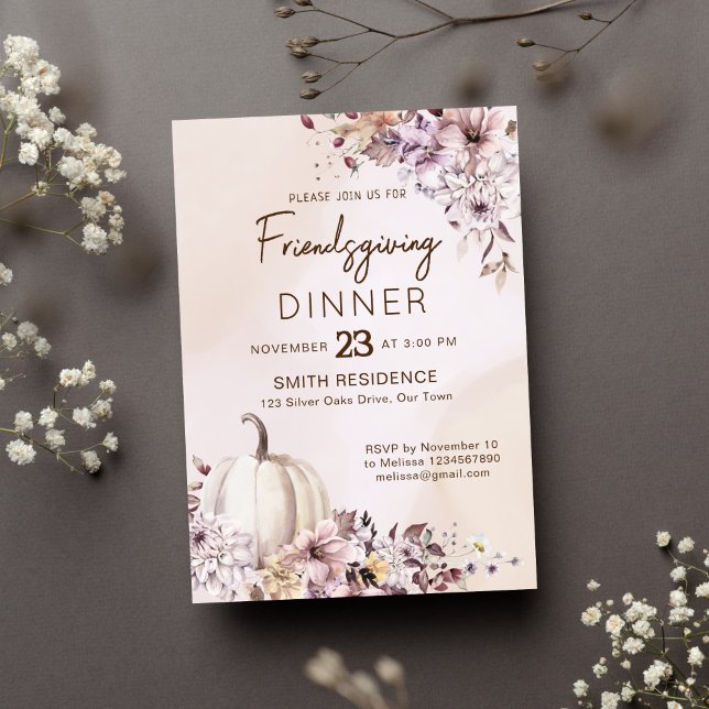 Convite Amizade Ação de Graças Abóboras de folhagem (Friendsgiving thanksgiving dinner party template invitation pastel brown watercolor pumpkin)