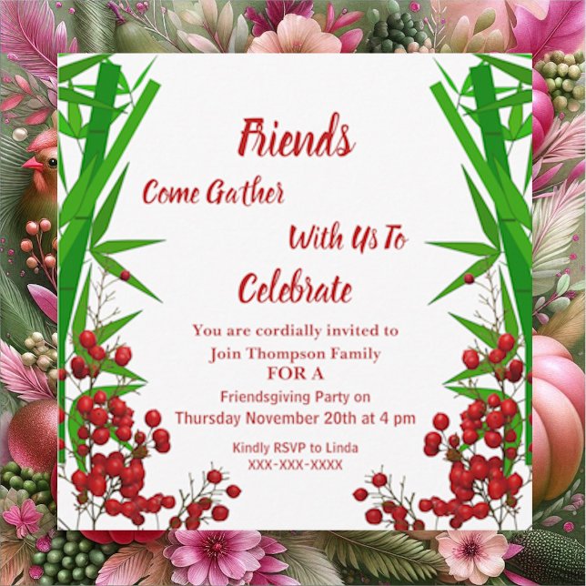 Convite Amizade outono outono Vermelho Berry Verde Bush (Friendsgiving Fall Autumn Red Berry Green Bush Invitation)