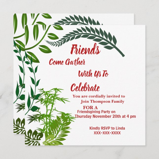 Convite Amizade Verde Outono Folhagem Outono Aquarela (Frente/Verso)