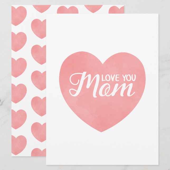 Convite Amo-te, mãe, dia de as mães de coração rosa (Frente/Verso)