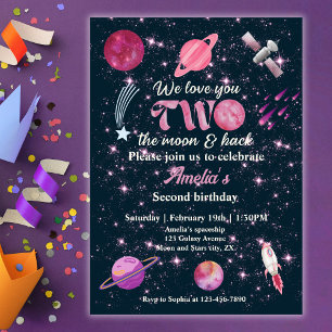 Convite Amo Você Dois À Lua Meninas Rosa 2º Aniversário
