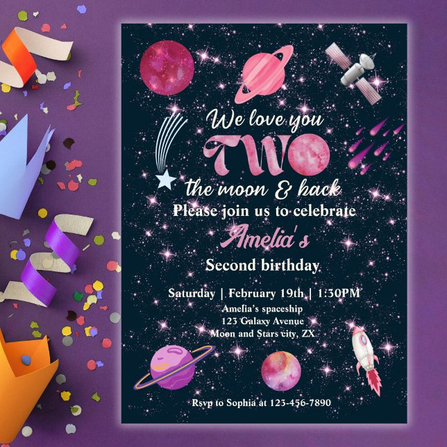 Convite Amo Você Dois À Lua Meninas Rosa 2º Aniversário (Criador carregado)
