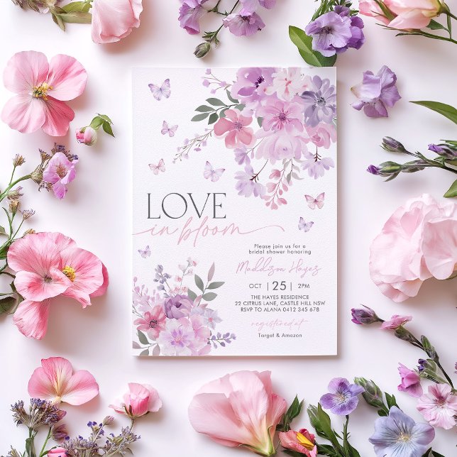 Convite Amor a Borboleta Púrpura Floral Bloom Bridal (Love in Bloom | Pink purple flowers and butterflies Bridal Shower Invitation
)