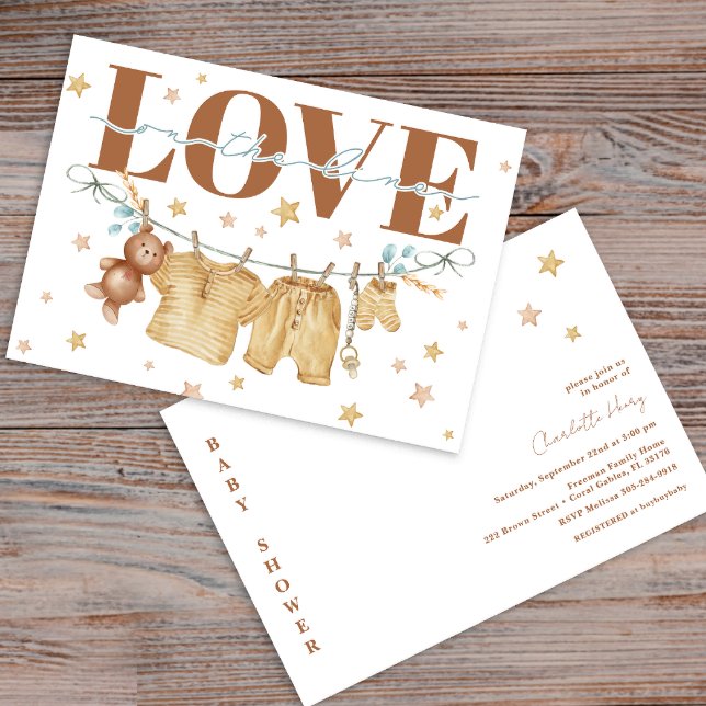 Convite Amor ao Chá de fraldas em Linha Convidado (Love On The Line, Boho Clothesline Baby Shower Invite)