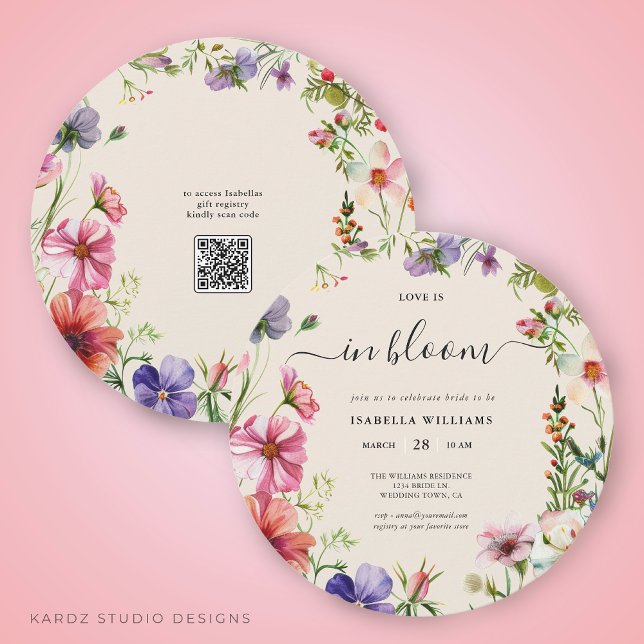 Convite Amor ao Chá de panela Bloom (This Bridal Shower Invitation is shown in round size 5.25 inches. Other sizes and digital available.)