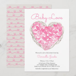 Convite Amor Bebê Corações Rosa Chá de fraldas Rapariga Rú