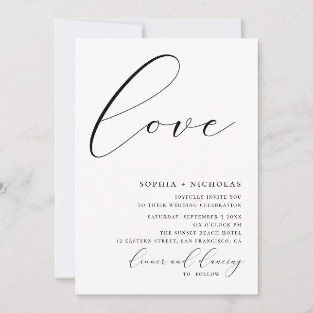 Convite Amor. Caligrafia preta e branca simples casamento (Frente)