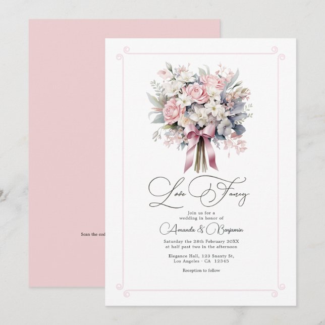 Convite Amor Caprichoso Código QR de Casamento Floral Past (Frente/Verso)