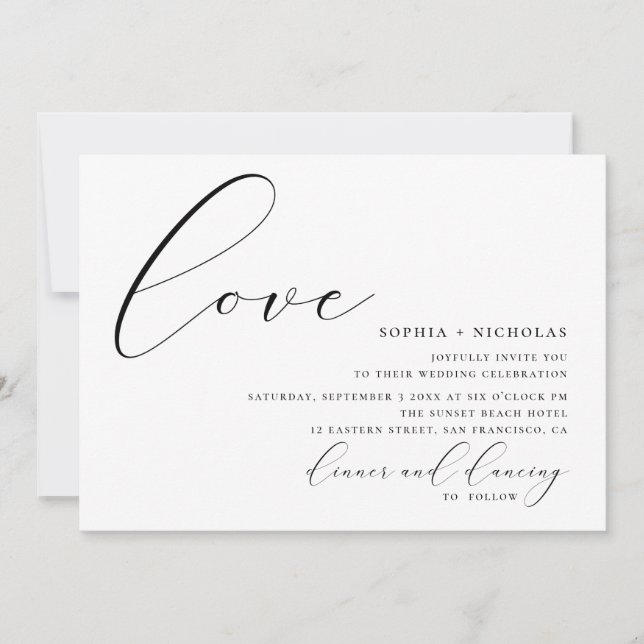 Convite Amor. Casamento de caligrafia elegante preto e bra (Frente)