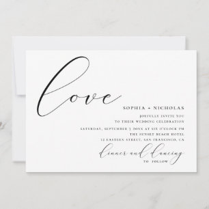 Convite Amor. Casamento moderno com caligrafia branca e ne