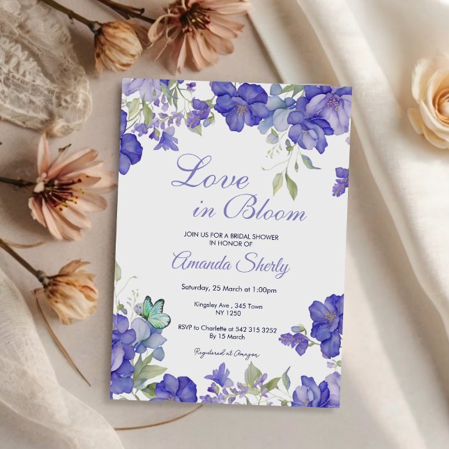 Convite Amor Com Chá de panela Roxo De Sangue (Love in Bloom Purple Bridal Shower Invite)