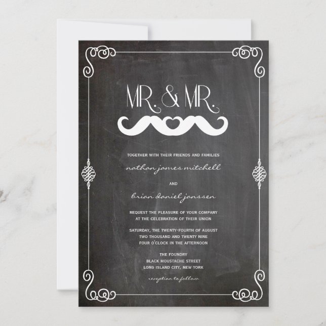 Convite Amor de Bigode Quadro-Negro Antigo Casamento Gay (Frente)