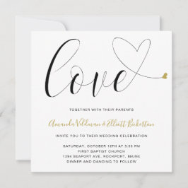 Convite Amor Dourado Coração Negro e Branco Casamento Mode