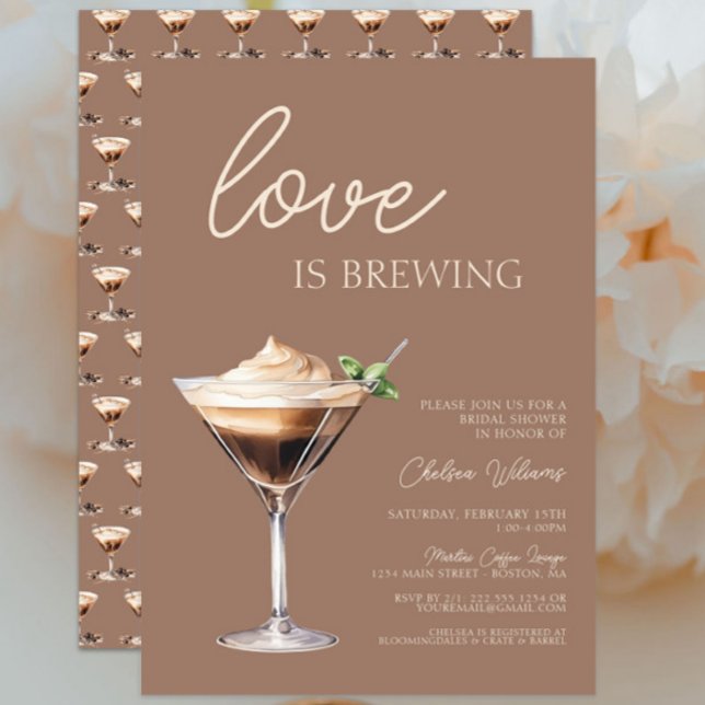 Convite Amor é Criar Chá de panela Espresso Martini (Love is brewing Espresso Martini Bridal Shower Invitation, Bridal Brunch, Brown, Modern Chic Trendy)
