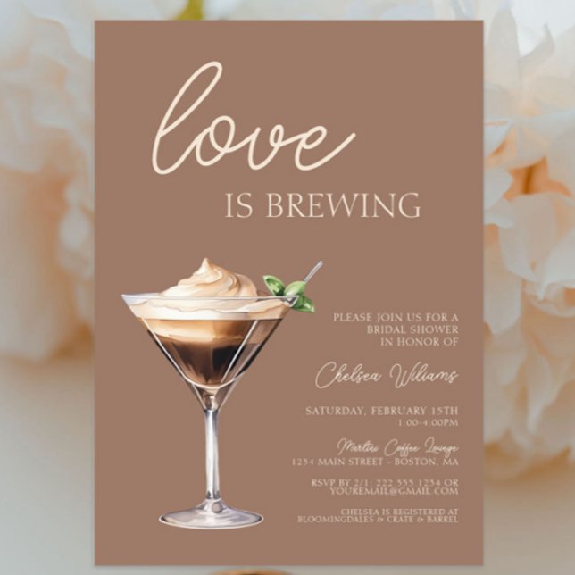 Convite Amor é Criar Chá de panela Espresso Martini (Love is brewing Espresso Martini Bridal Shower Invitation, Bridal Brunch, Brown, Modern Chic Trendy)