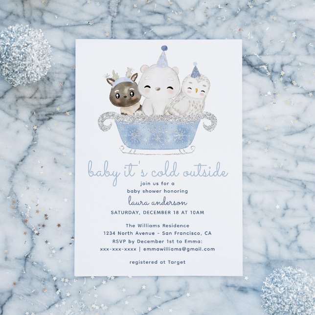 Convite Amor é frio fora do Chá de fraldas (Winter Wonderland Baby It's cold Outside Card with blue watercolor animals. Image from freepik)