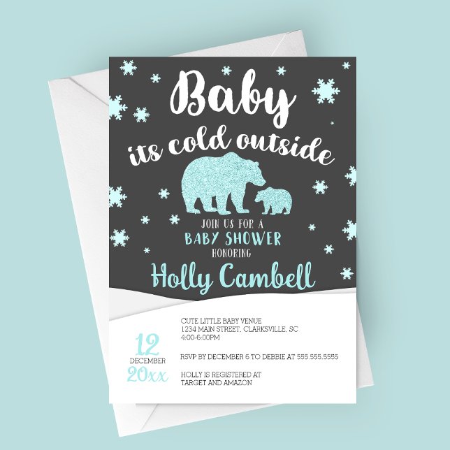 Convite Amor É frio fora do Chá de fraldas do Urso Polar (Baby It's Cold Outside Blue Polar Bear Winter Baby Shower Invitation)