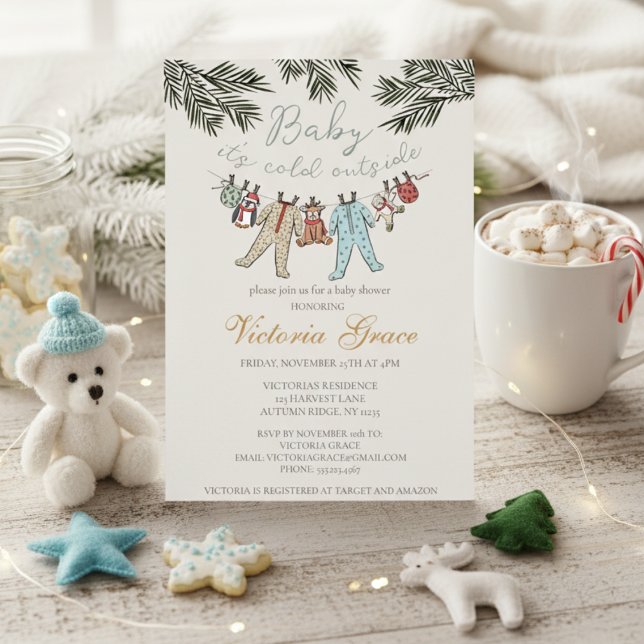 Convite Amor é frio fora do sexo Chá de fraldas neutro (Cute Baby It's Cold Outside Winter Baby Shower Invitations. Xmas Baby Pajamas, Stuffed Animals, Pine)