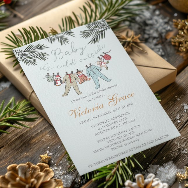 Convite Amor é frio fora do sexo Chá de fraldas neutro (Cute Baby It's Cold Outside Winter Baby Shower Invitations. Xmas Baby Pajamas, Stuffed Animals, Pine)