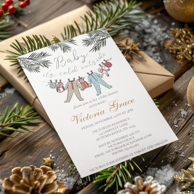 Convite Amor é frio fora do sexo Chá de fraldas neutro (Cute Baby It's Cold Outside Winter Baby Shower Invitations. Xmas Baby Pajamas, Stuffed Animals, Pine)
