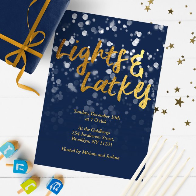 Convite Amor e Luz | Janto Faux Foil Bokeh Hanukkah (Criador carregado)