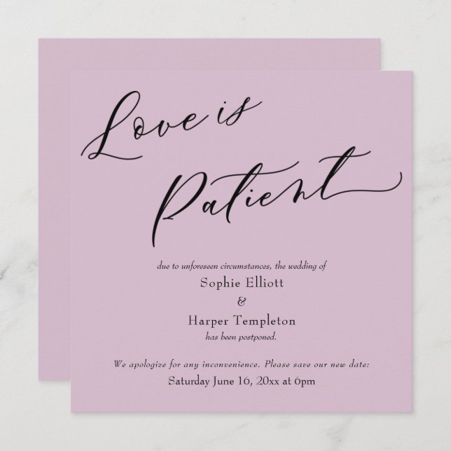 Convite Amor é Patient Mauve Pink Postpond Wedding Card (Frente/Verso)