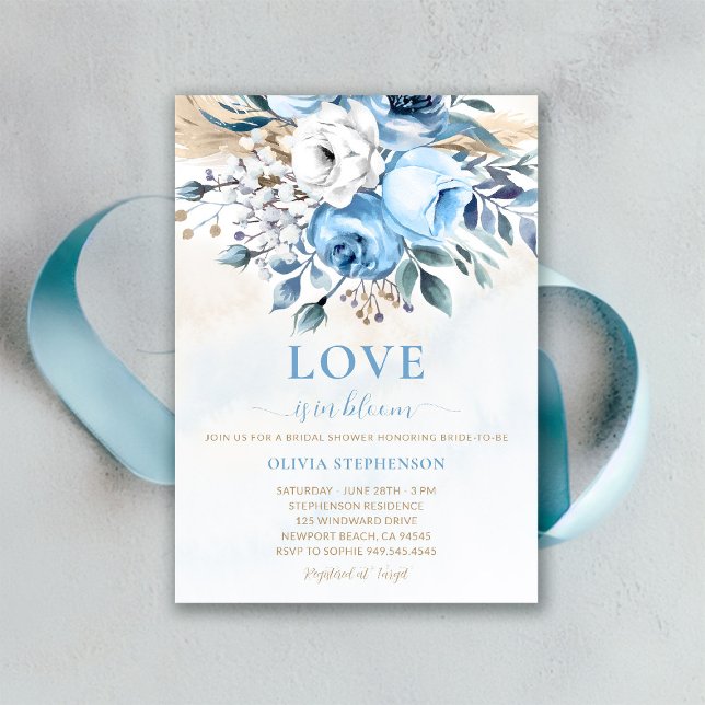 Convite Amor em Bloom Algo Rosa Azul Chá de panela (something blue bridal shower invitation dusty roses wheat watercolor romantic garden backyard)