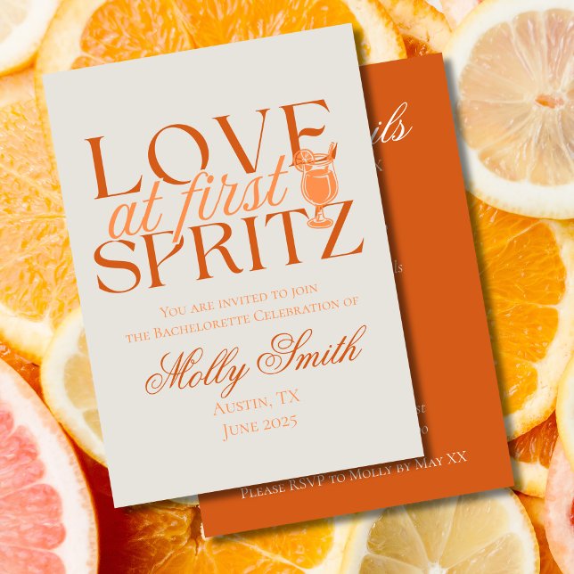 Convite Amor em First Spritz - Diversão da Bachelorette La (Love at First Spritz invite with modern orange font – perfect for engagement or bridal celebrations!)