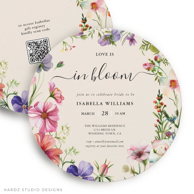 Convite Amor em Flor Chá de Noiva de Primavera (Bridal Shower Invitation is shown in round size 5.25 inches. Other sizes and digital available.)