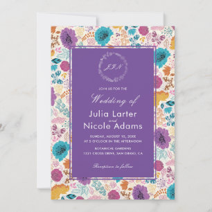 Convite Amor em Flor Romântico Rosa Roxo Casamento