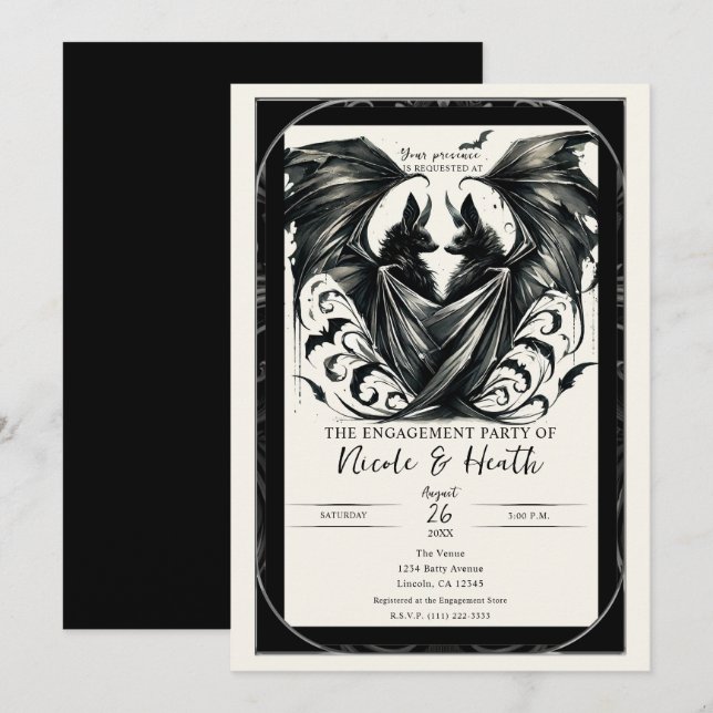 Convite Amor Gótico Morcegos Prata Creme Preto Noivado (Frente/Verso)