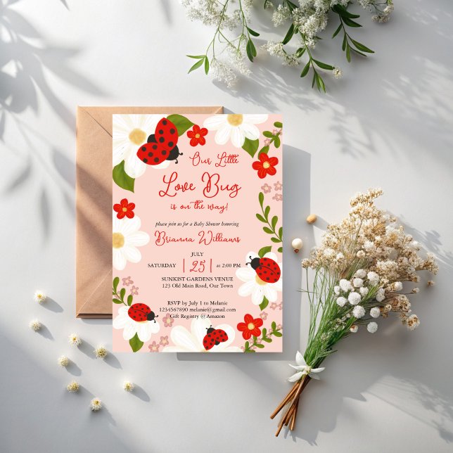 Convite Amor inseto chá de fraldas de joaninha giro (Love bug cute ladybug daisies summer garden pink girls baby shower whimsical invitation template)