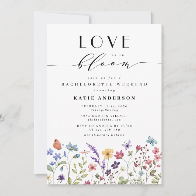 Convite Amor no Bloom Floral Primavera Bachelorette Weeken (Frente)