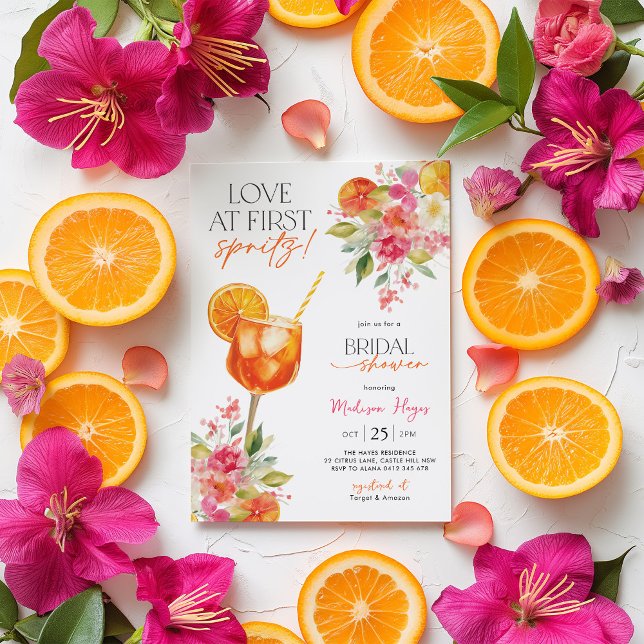Convite Amor no First Spritz Chá de panela Citrus Aperol (Love at first Spritz! Floral Citrus Bridal Shower Invitation)