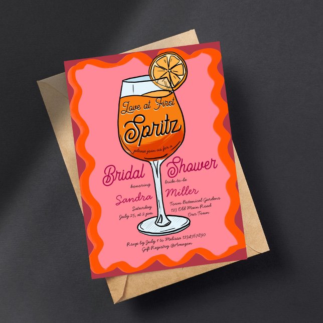 Convite Amor no início, esboço de laranja do spritz (Love at first spritz retro wavey orange pink sketch invitation template digital download Squiggle)