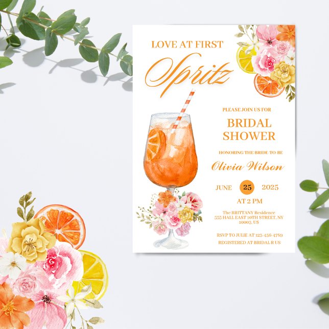 Convite Amor no Primeiro Chá de panela Floral de Cocktail  (watercolor bridal shower wedding invitation cocktail drink modern elegant chic citrus silces orange )
