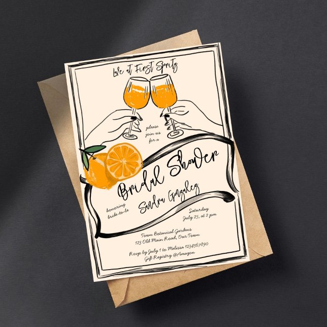 Convite Amor no primeiro esboço retro laranja da spritz (Love at first spritz retro orange rough sketch bridal shower invitation template digital download )