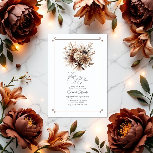 Convite Amor pelo Chá de panela Floral Bloom Mocha Mousse (Love in Bloom Mocha Mousse Floral Bridal Shower Invitation)