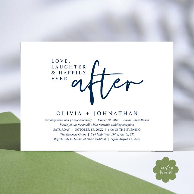 Convite Amor, Rir E Feliz Sempre Após A Recepção (Love, Laughter And Happily Ever After Reception Modern Minimalist Invitation Card PDF Navy Blue)