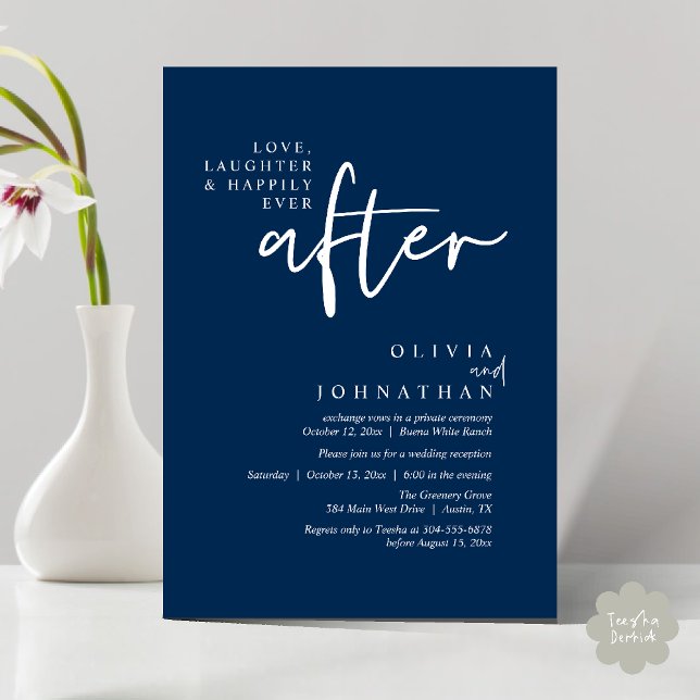 Convite Amor, Rir E Feliz Sempre Após A Recepção (Love, Laughter And Happily Ever After Reception Modern Minimalist Invitation Card PDF Navy Blue)