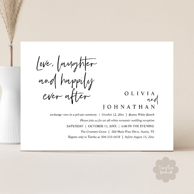 Convite Amor, Rir E Feliz Sempre Após A Recepção (Love, Laughter And Happily Ever After Reception Modern Minimalist Invitation Card PDF Black White)