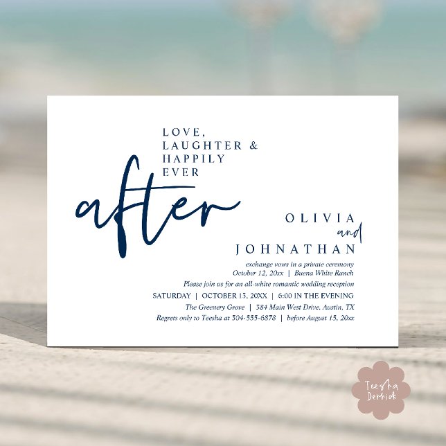 Convite Amor, Rir E Feliz Sempre Após A Recepção (Love, Laughter And Happily Ever After Reception Modern Minimalist Invitation Card PDF Navy Blue)
