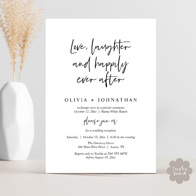 Convite Amor, Rir E Feliz Sempre Após A Recepção (Love, Laughter And Happily Ever After Reception Modern Minimalist Invitation Card PDF Black White)