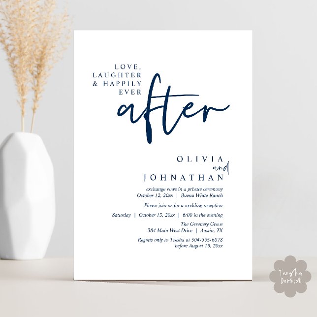 Convite Amor, Rir E Feliz Sempre Após A Recepção (Love, Laughter And Happily Ever After Reception Modern Minimalist Invitation Card PDF Navy Blue)